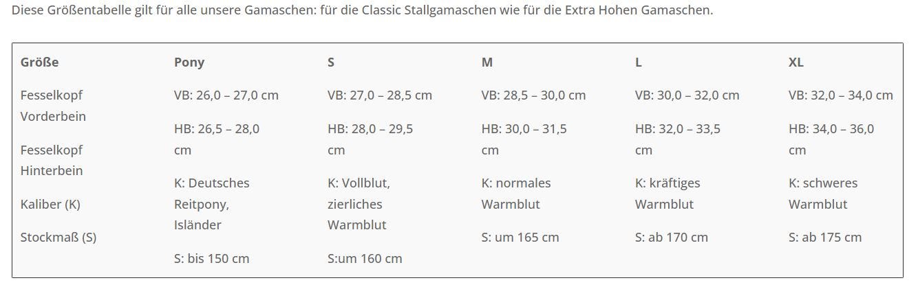Größentabelle Vitandar Gamaschen