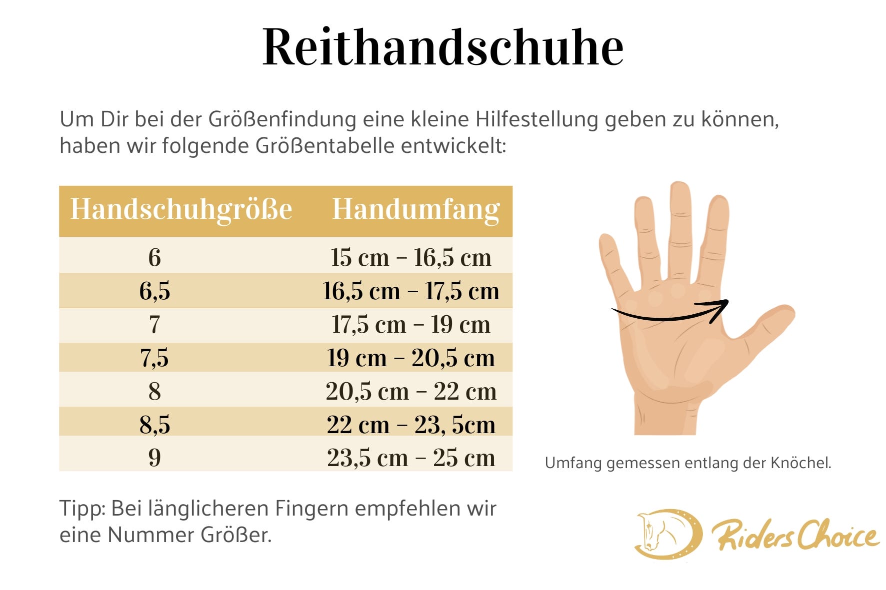Beschreibung der Maße von Reithandschuhen zur besseren Bestimmbarkeit der passenden Größe.