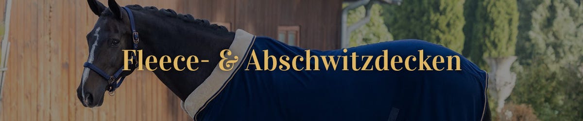Kategoriebild Abschwitzdecken braunes Pferd mit Abschwitzdecke, das vor einem Stall und Büschen steht und leicht in die Kamera schaut