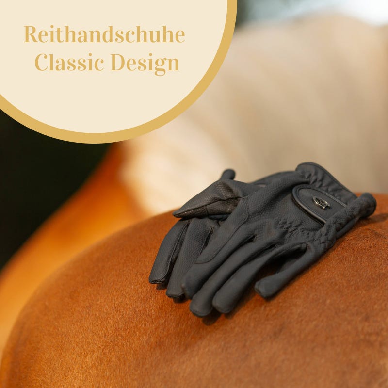 Reithandschuhe von RidersChoice Schwarze Handschuhe liegen auf dem Pferd