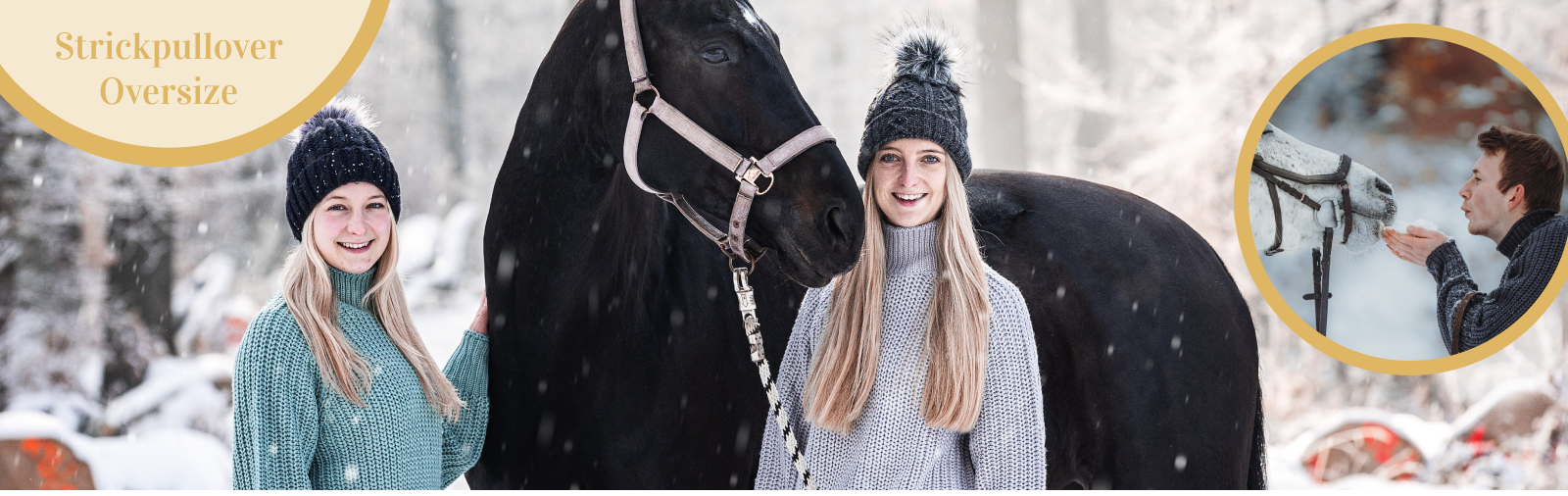 Strickpullover Oversize von RidersChoice Zwei Mädchen stehen neben einem schwarzem Pferd mit Halfter