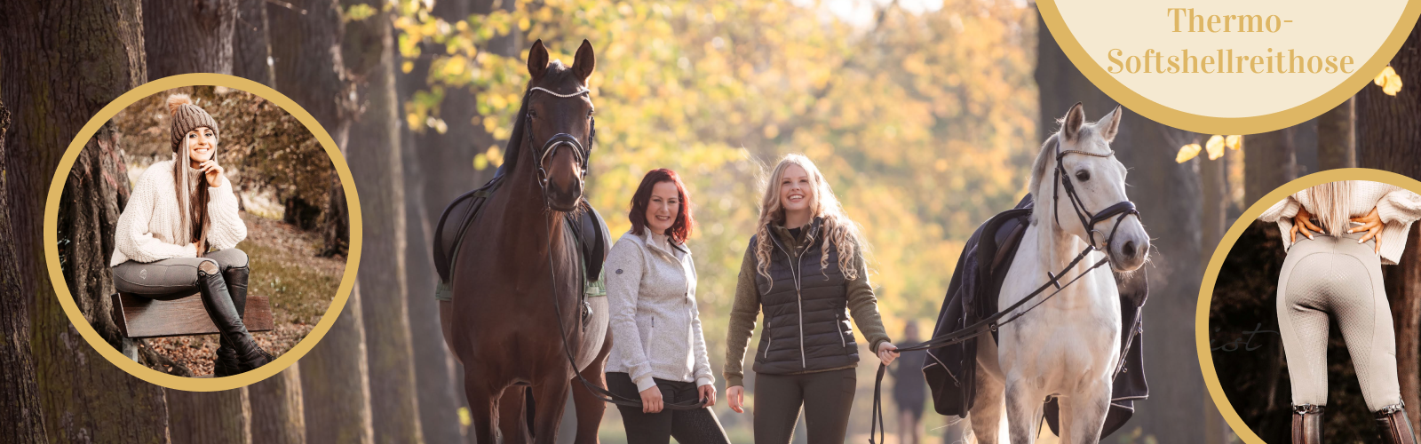 Softshellreithose von RidersChoice Zwei Frauen stehen zwischen zwei Pferden auf einer herbstlichen Allee